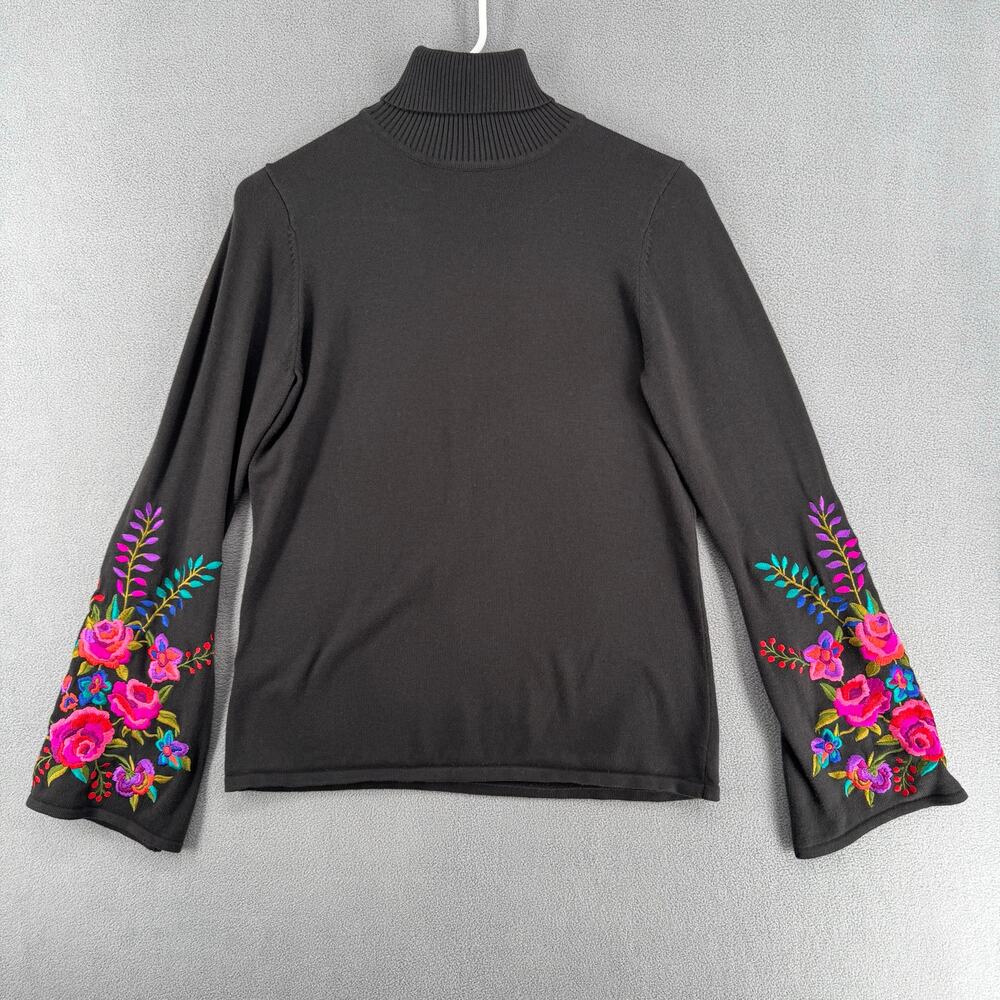Linea Louis Dell'Olio Turtleneck Embroidered Bell Sleeve Sweater Womens S Black